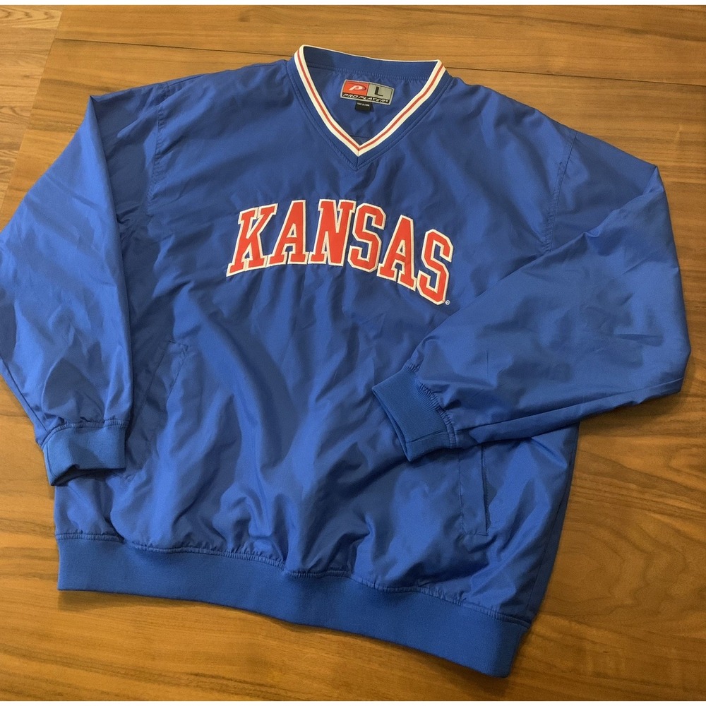 VTG Kansas Jayhawks Basketball Pullover Windbreaker Mens L Pro Player Blue KU
